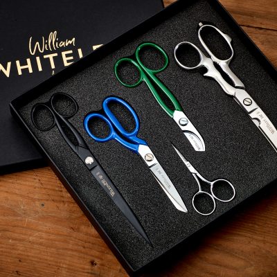 William Whiteley Full House Gift Set in main view including Classic Kitchen Scissors, Garden Pruners, 7 inch DIY shears, 9” Wilkinson Black Paper Scissors and Big Bow Embroidery Scissors.