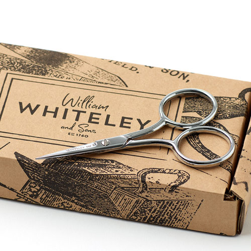 William Whiteley Big Bow Embroidery Scissors in full view with the packaging.