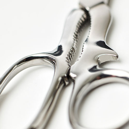 Our stainless steel Classic Kitchen Scissors in detail. Featuring a notch for cutting through bones, an integral bottle and tin opener and a built-in nutcracker function, these multipurpose kitchen scissors are a culinary must-have.