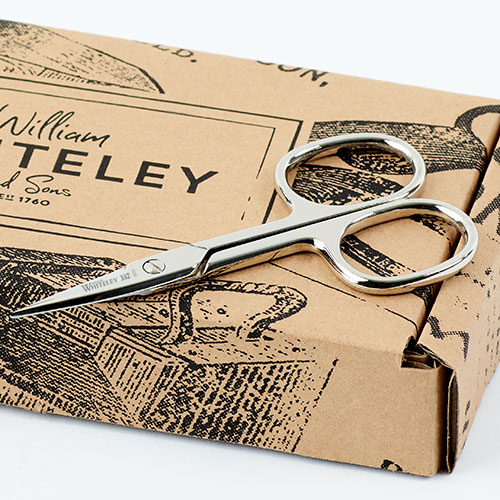 William Whiteley Straight Nail Scissors in full view with packaging.