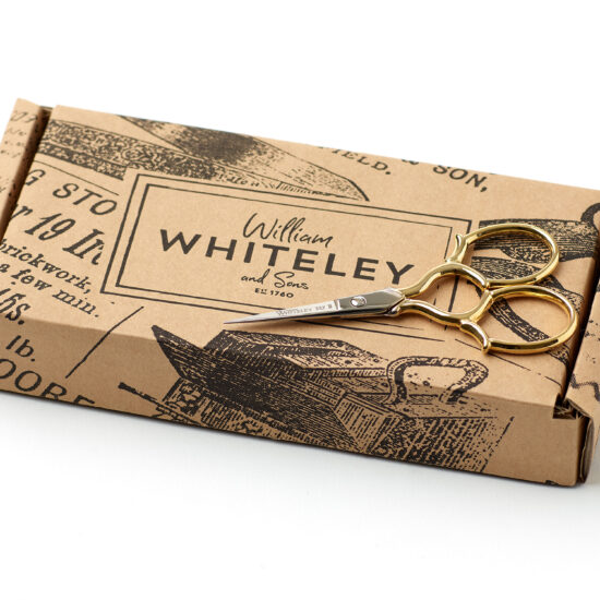 William Whiteley Epaulette Embroidery Scissors in full view with packaging.