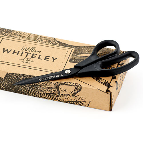 Wilkinson Glide DIY and General Purpose Scissors / Dressmaking and Upholstery Shears in full view with the Whiteley's packaging.
