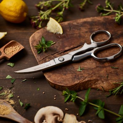 Our stainless steel Classic Kitchen Scissors at main view. These are handmade by craftsmen, dishwasher-friendly and suitable for cutting poultry bones, meat and opening bottles.