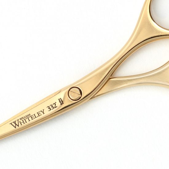 William Whiteley Embroidery Gold Scissors in detail of the blade.