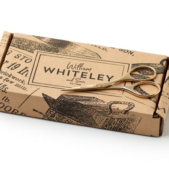 William Whiteley Embroidery Gold Scissors in full view with packaging.