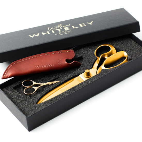 Wilkinson Gold Exo Gift Set in full view including Gold Exo, Gold Embroidery Scissors and Leather Sheath with packaging.