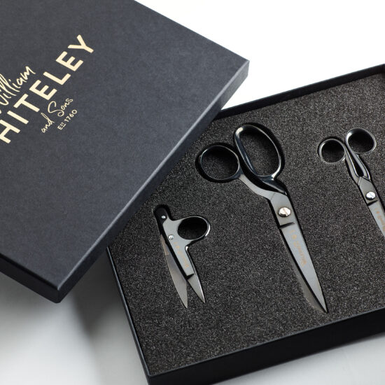 William Whiteley Noir Gift Set in full view with packaging, including a pair of 6″ Household Scissors, a pair of 9″ Shears and a pair of Threadclips.