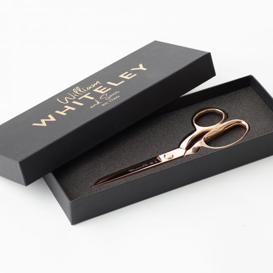 Wilkinson 8" Rose Gold Sewing Shears in full view with the packaging.