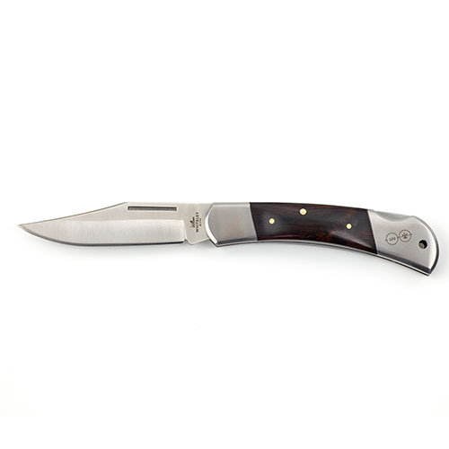 William Whiteley Pocket Knife at front view. It features a ebony wood curved handle.
