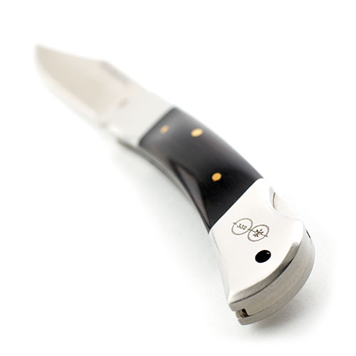 William Whiteley Pocket Knife in detail. It features a ebony wood curved handle.