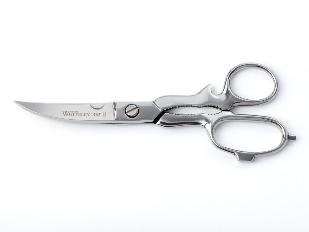 Our stainless steel Classic Kitchen Scissors at front view. These are handmade by craftsmen, dishwasher-friendly and suitable for cutting poultry bones, meat and opening bottles.