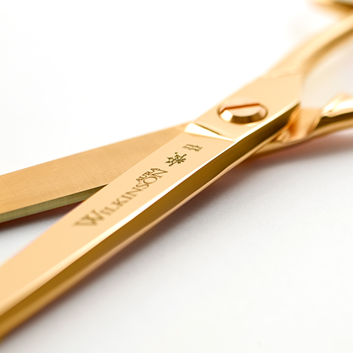 Wilkinson 9″ Gold Paper Scissors in detail of the blade.