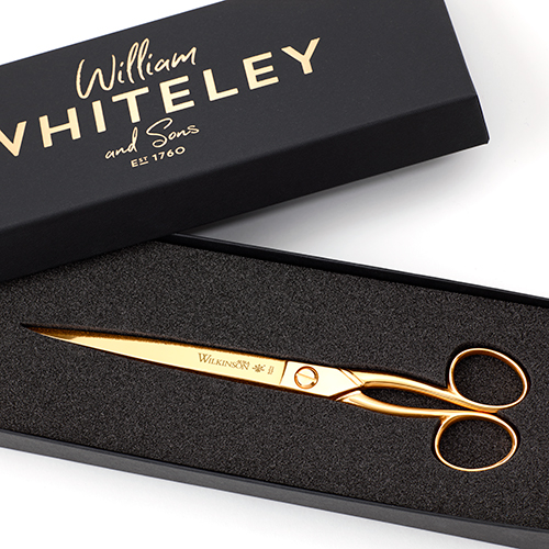 Wilkinson 9″ Gold Paper Scissors in full view with packaging.