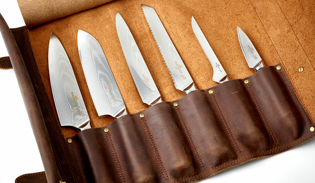 William Whiteley Chef’s Professional Damascus Knife Set in main view including Chef’s Knife, Santoku Knife, Bread Knife, Slicing Knife, Boning Knife and Paring Knife.