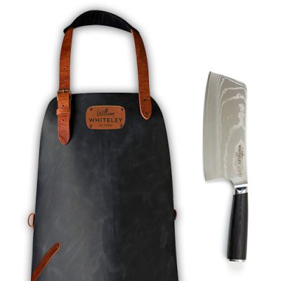 William Whiteley The Chef Kit in main view including Damascus Cleaver Knife and Leather Apron.