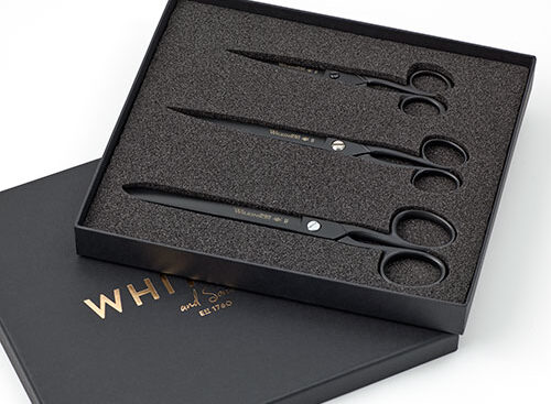 Wilkinson Black Paper Scissor Gift Set in full view with the box.
