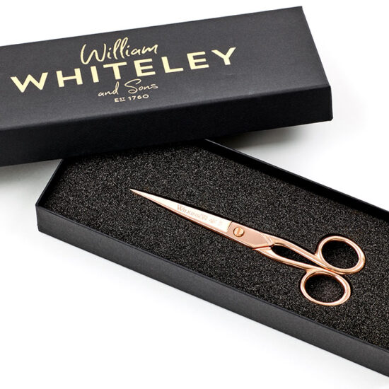 7inch Wilkinson Rose Gold Paper Scissors in full view with packaging.