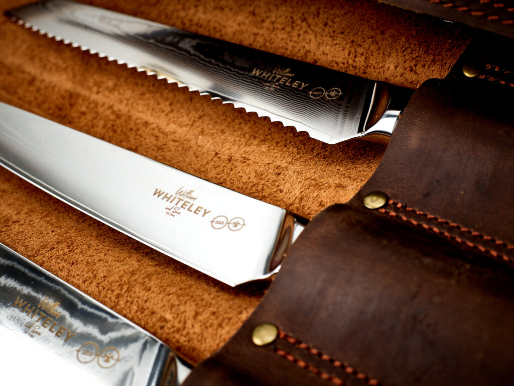 William Whiteley Chef’s Professional Damascus Knife Set in detail of the blades.