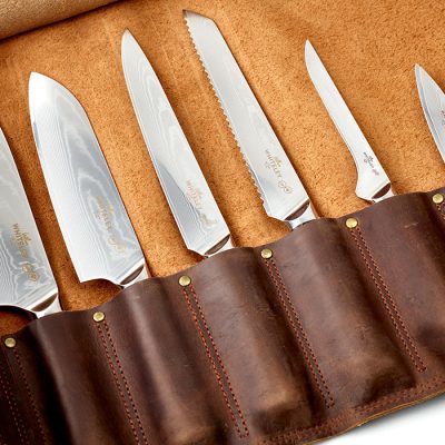 William Whiteley Chef’s Professional Damascus Knife Set in main view including Chef’s Knife, Santoku Knife, Bread Knife, Slicing Knife, Boning Knife and Paring Knife.