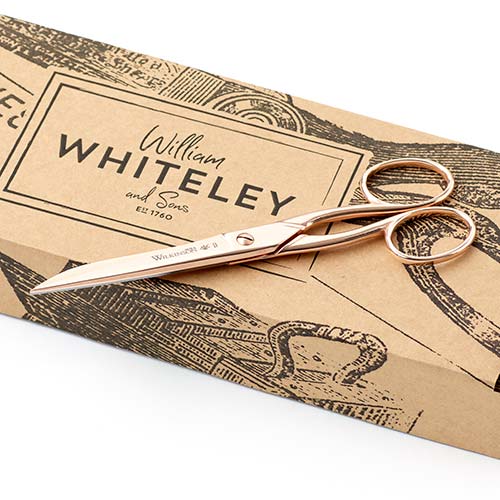 6inch Wilkinson Aura Rose Gold Desk Scissors in full view with packaging.