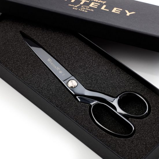 Wilkinson 10 Inch Noir Fabric Shears in full view with packaging.