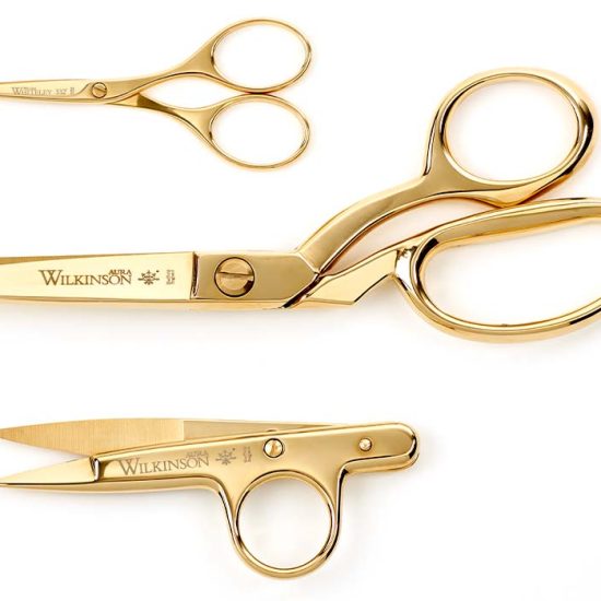Wilkinson Gold Sewing Gift Set in front view including 8″ Gold Sewing Sidebents, Gold Embroidery Scissors and Gold Threadclips.