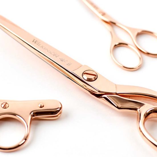 Wilkinson Rose Gold Sewing Gift Set in detail view including 8″ Gold Sewing Sidebents, Rose Gold Embroidery Scissors and Rose Gold Threadclips.