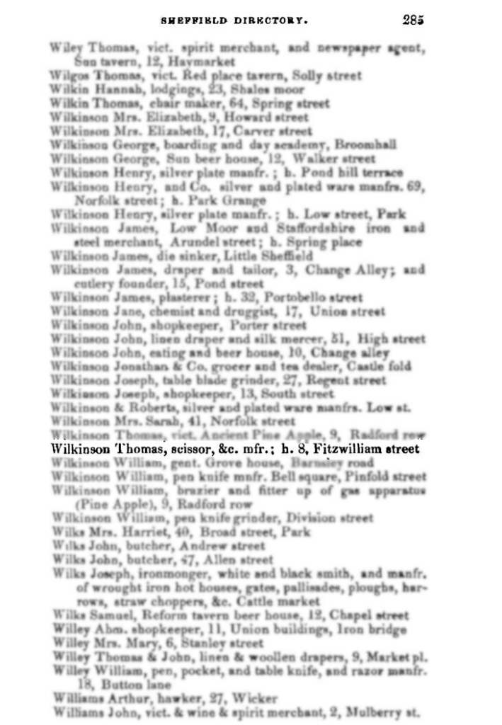 White's Sheffield District Directory 1833 edition featuring Thomas Wilkinson & Sons Ltd - Scissor Manufacturer