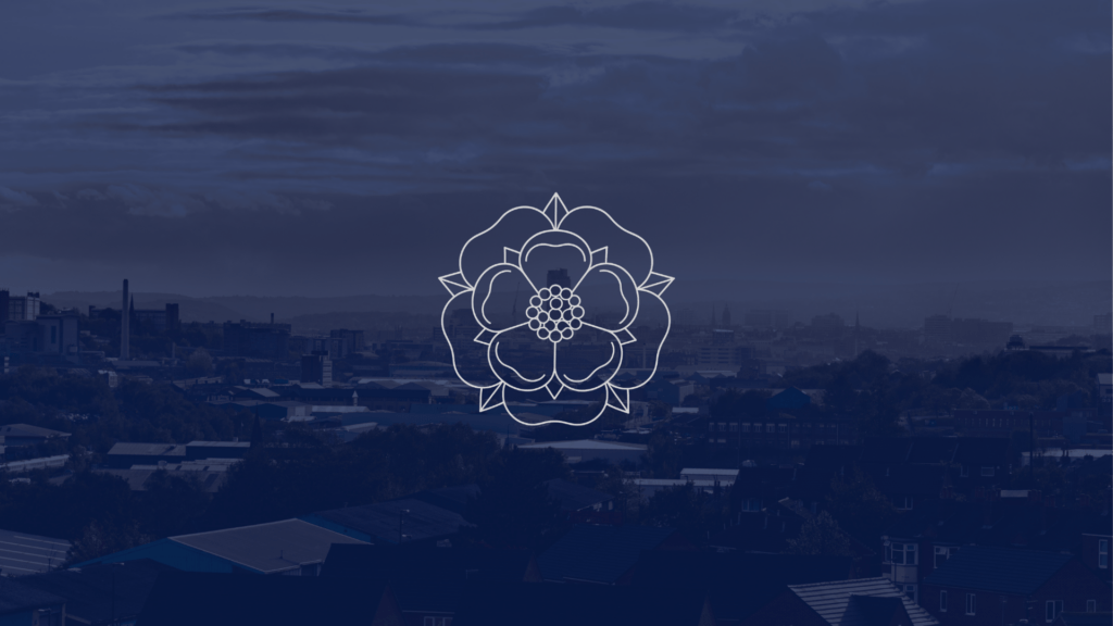 Yorkshire rose outline on a blue Sheffield skyline background