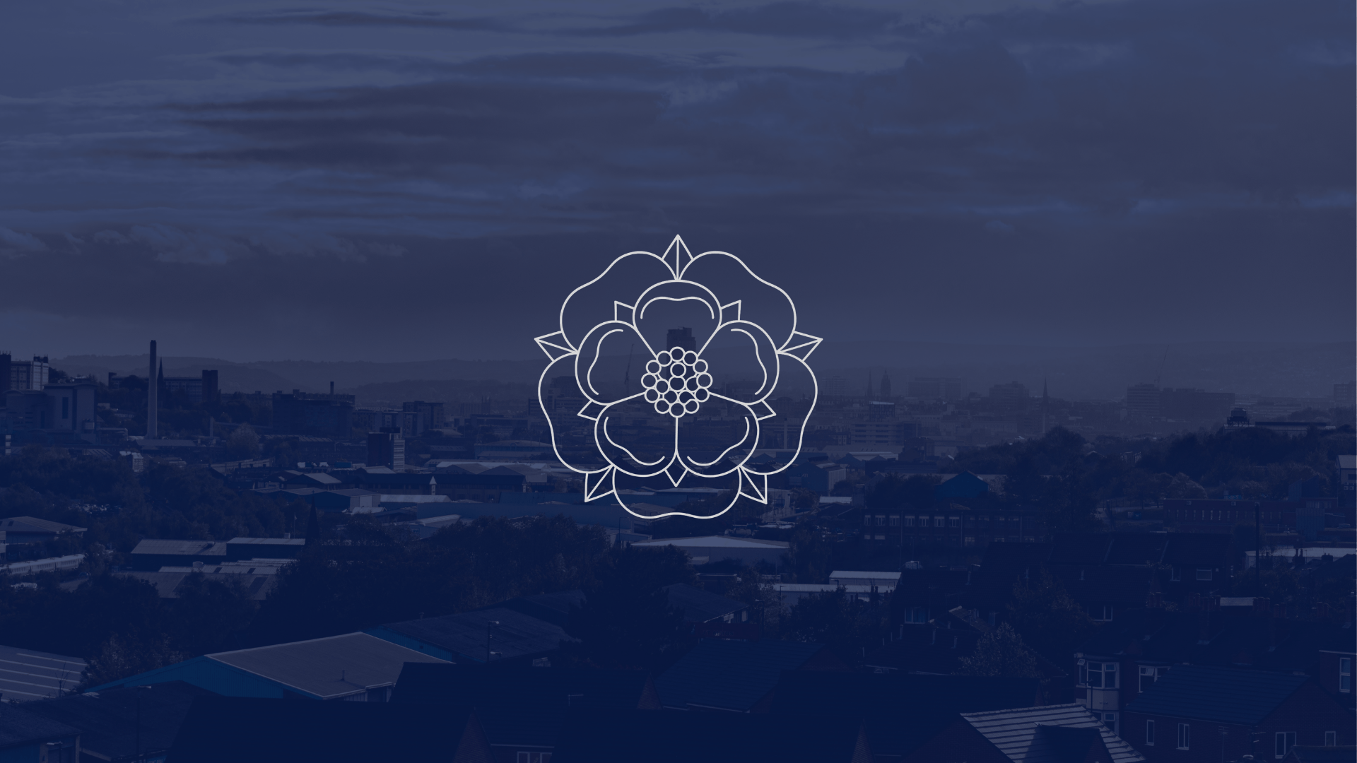 Yorkshire rose outline on a blue Sheffield skyline background